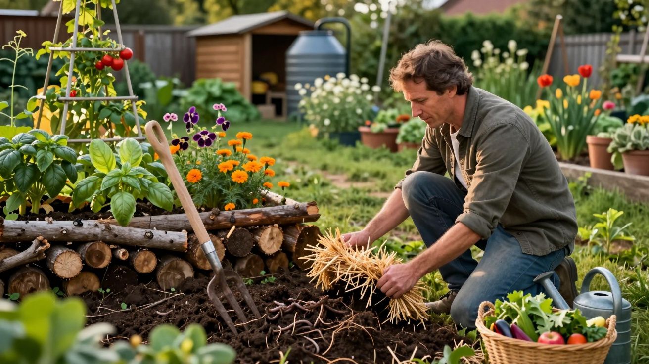 Mężczyzna sadzi rośliny w ogródku warzywnym w otoczeniu kwiatów i narzędzi ogrodniczych.