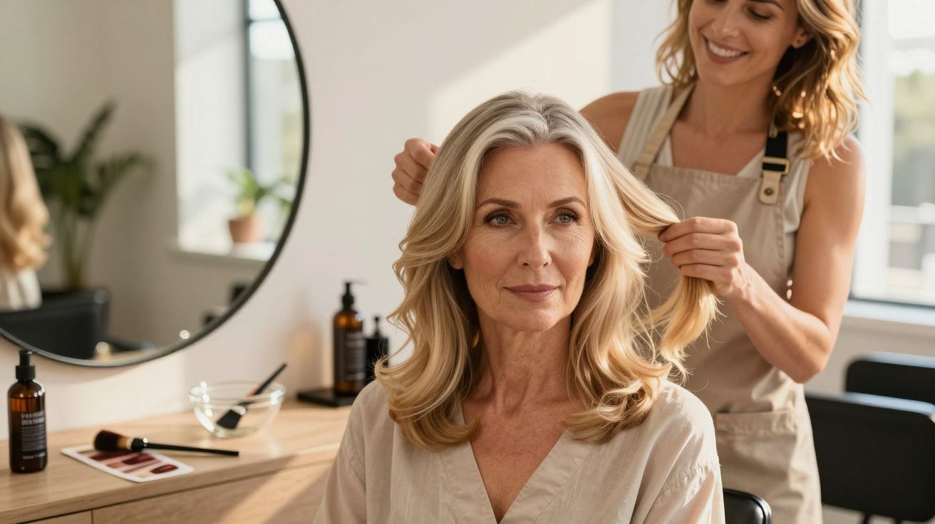 Kobieta w średnim wieku z blond włosami podczas stylizacji włosów u fryzjerki w jasnym salonie.