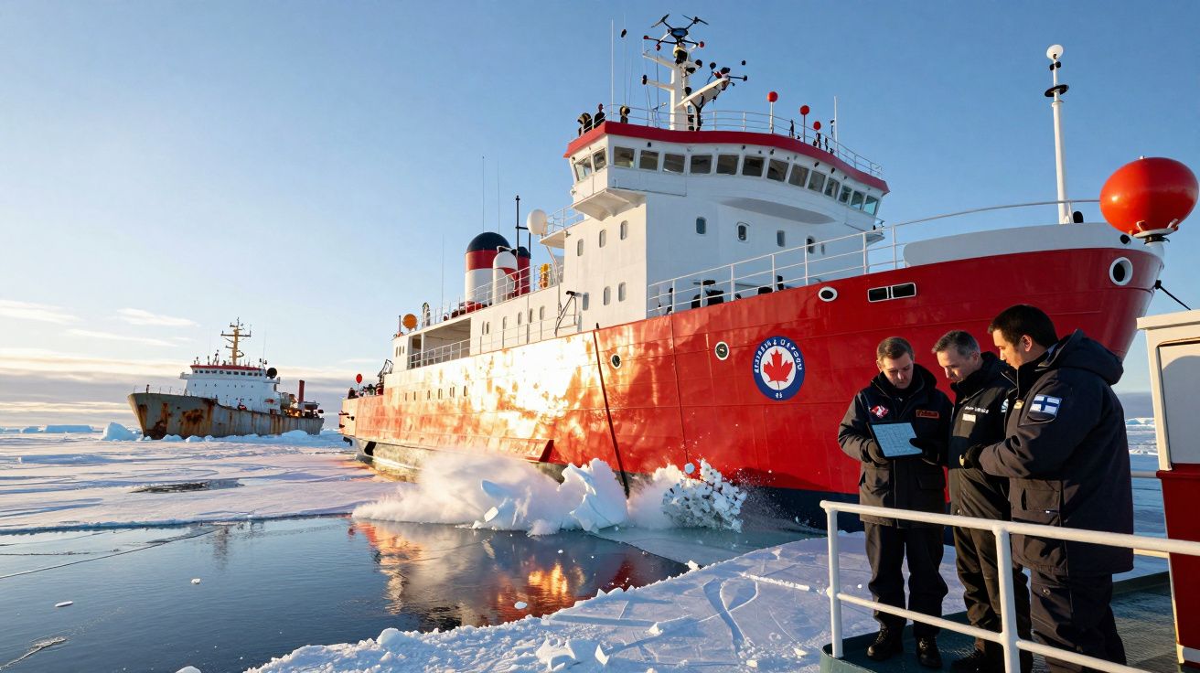 Czerwony statek polarowy przecinający lód, obok trzech osób w zimowej odzieży na pokładzie.