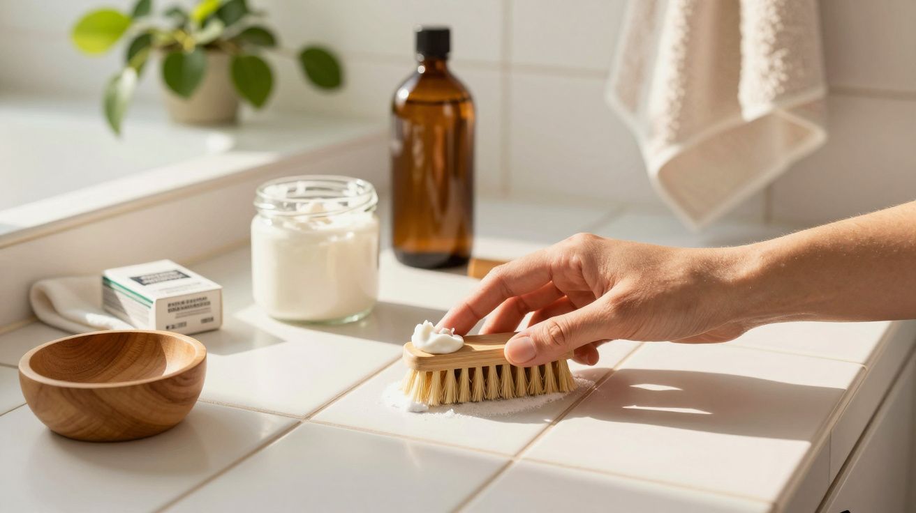 Ręka trzyma szczotkę z kremem do czyszczenia białych płytek łazienkowych na blacie.