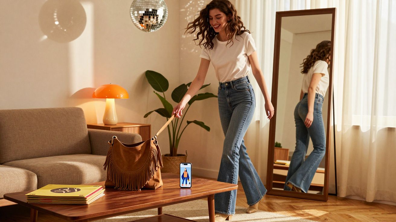 Kobieta w dżinsach i białej bluzce sięga po brązową torbę w jasnym salonie z lustrem i rośliną.