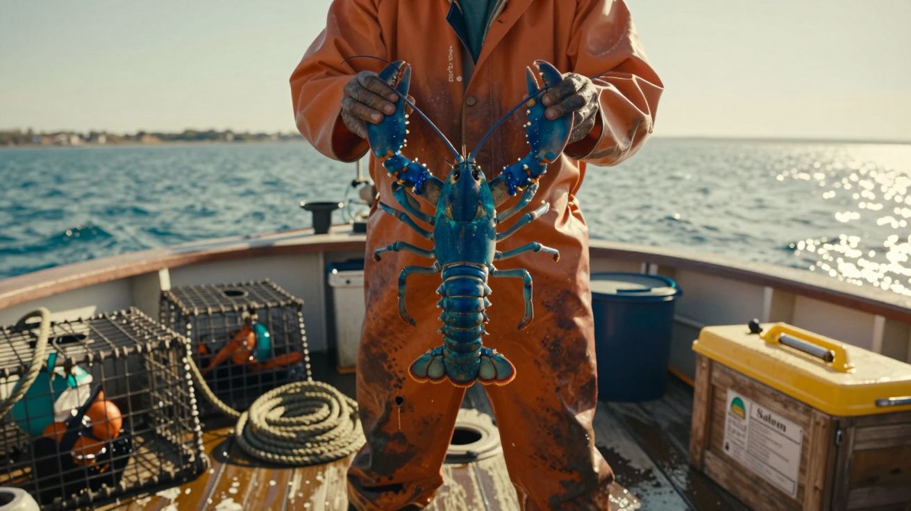 Rybak na łodzi trzyma dużego niebieskiego homara, w tle widoczne morze i sprzęt rybacki.