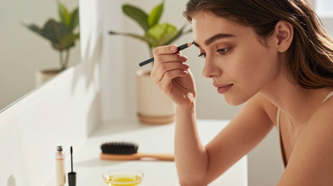 Młoda kobieta nakłada makijaż na brwi siedząc przy lustrze w jasnym, przytulnym pomieszczeniu.