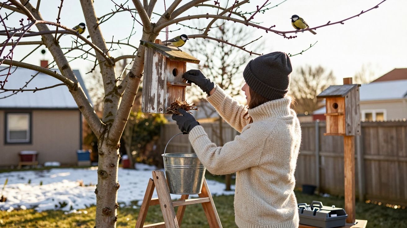 Kobieta w czapce i rękawiczkach naprawia drewnianą budkę lęgową na drzewie, wokół ptaki.