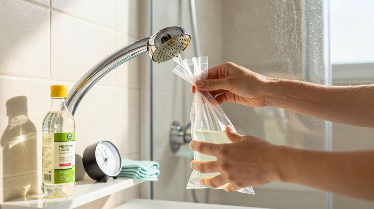 Ręce trzymające torebkę z wodą pod prysznicem, obok butelka octu i zegar na półce w łazience.