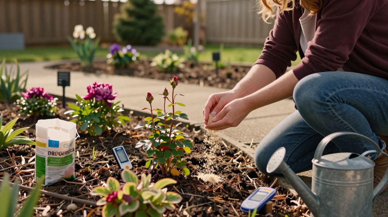 Kobieta rozsypująca nawóz wokół młodej róży w ogródku z konewką obok.