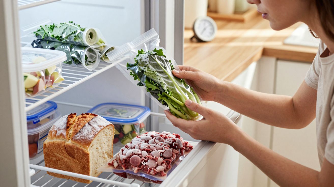Osoba wkładająca świeże warzywa do lodówki z chlebem i zamrożonym jedzeniem na półkach.