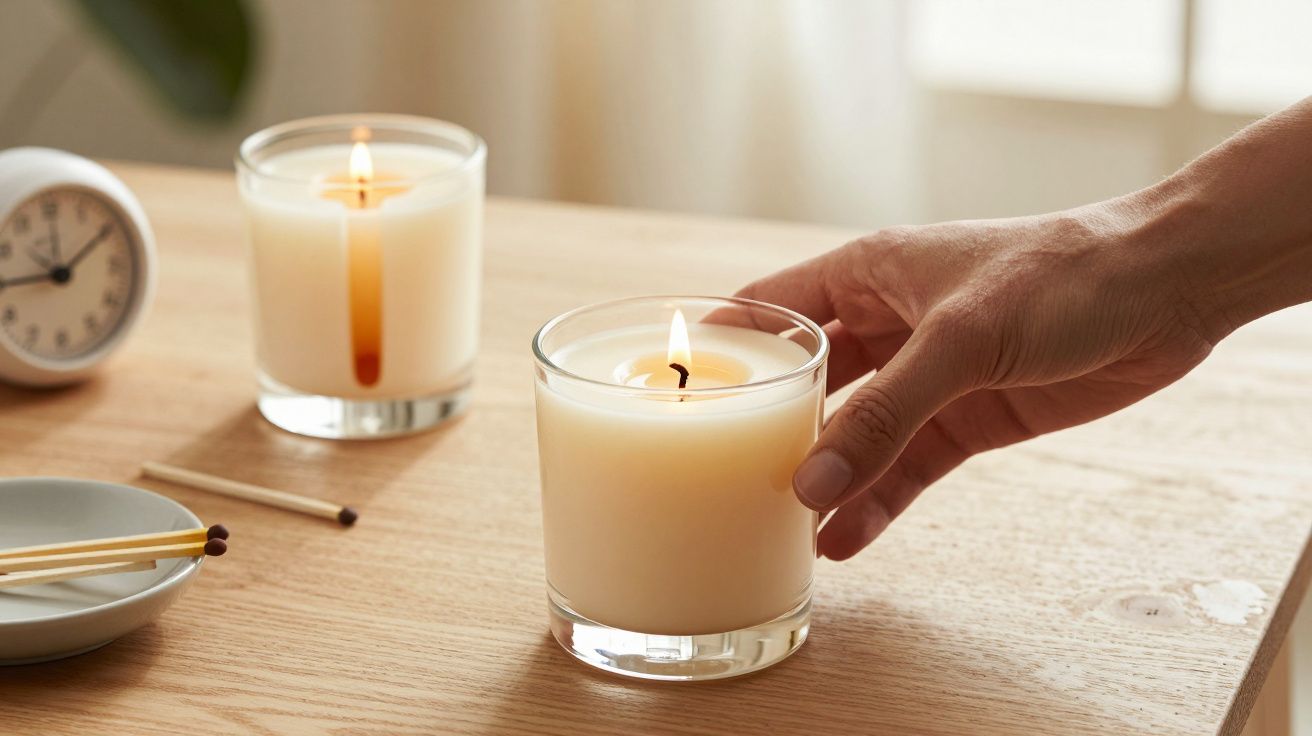 Ręka podnosząca zapaloną świecę w szklanym pojemniku na drewnianym stole z zapalonym zegarem i zapałkami.