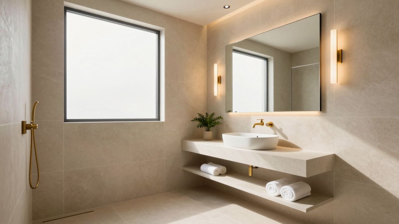 Nowoczesna łazienka z oknem, dużym lustrem, umywalką i złotymi dodatkami w jasnych kolorach.