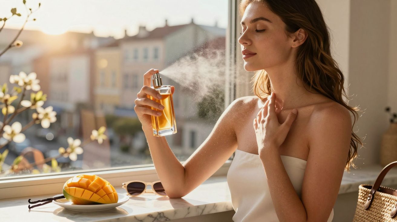 Kobieta spryskuje się perfumami siedząc przy oknie z plasterkiem mango i okularami na parapecie.