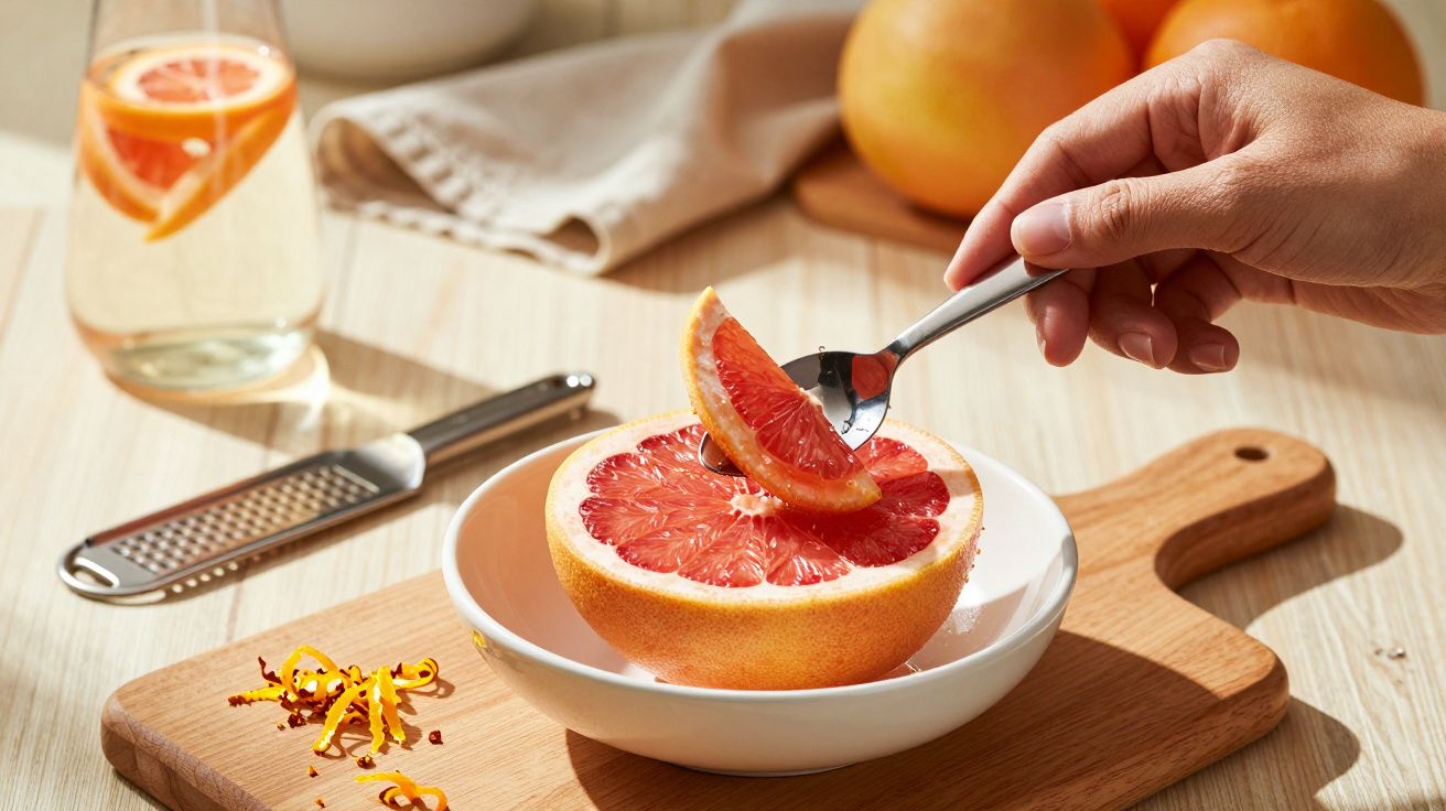 Połówka grejpfruta na talerzu na desce, odrywana łyżeczką przez rękę.