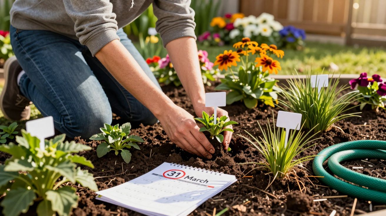 Osoba sadzi roślinę w ogrodzie obok kalendarza z zaznaczoną datą 31 marca i węża ogrodowego.
