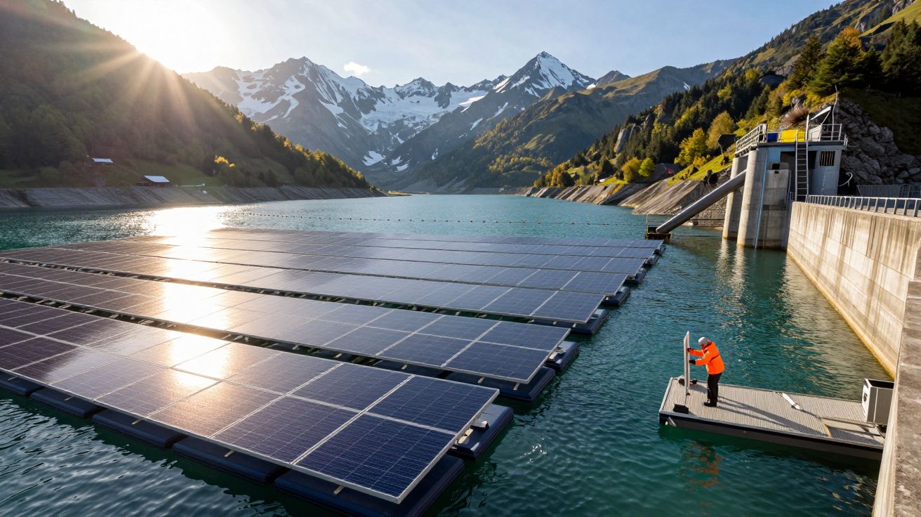 Pływające panele słoneczne na górskim jeziorze, pracownik w pomarańczowej kamizelce dokonuje inspekcji.