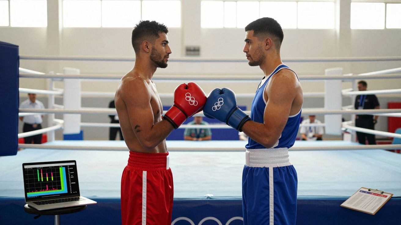 Dwóch bokserów w czerwonych i niebieskich strojach stoi naprzeciw siebie na ringu bokserskim.