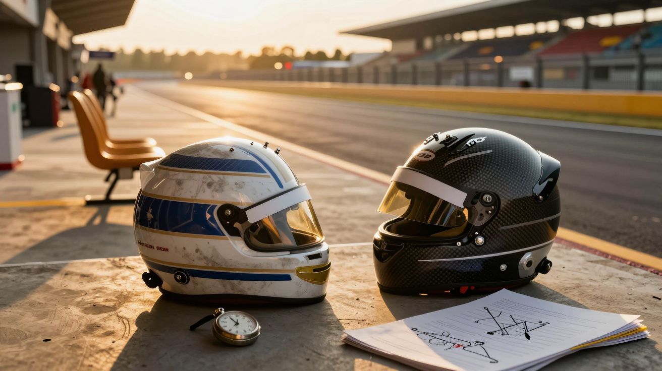 Dwa kaski motocyklowe na stole w pit stopie toru wyścigowego przy zachodzie słońca.