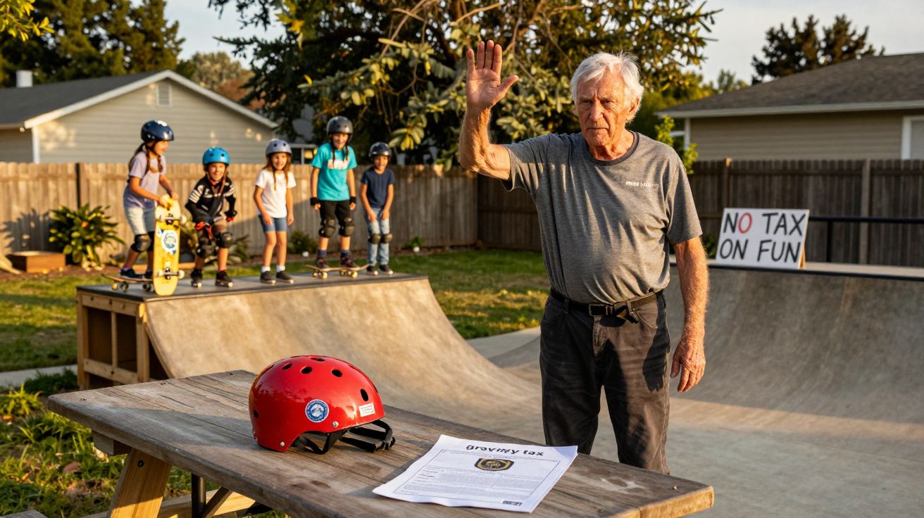 Starszy mężczyzna podnosi rękę obok stołu z dokumentami, a dzieci na deskorolkach czekają na rampie.