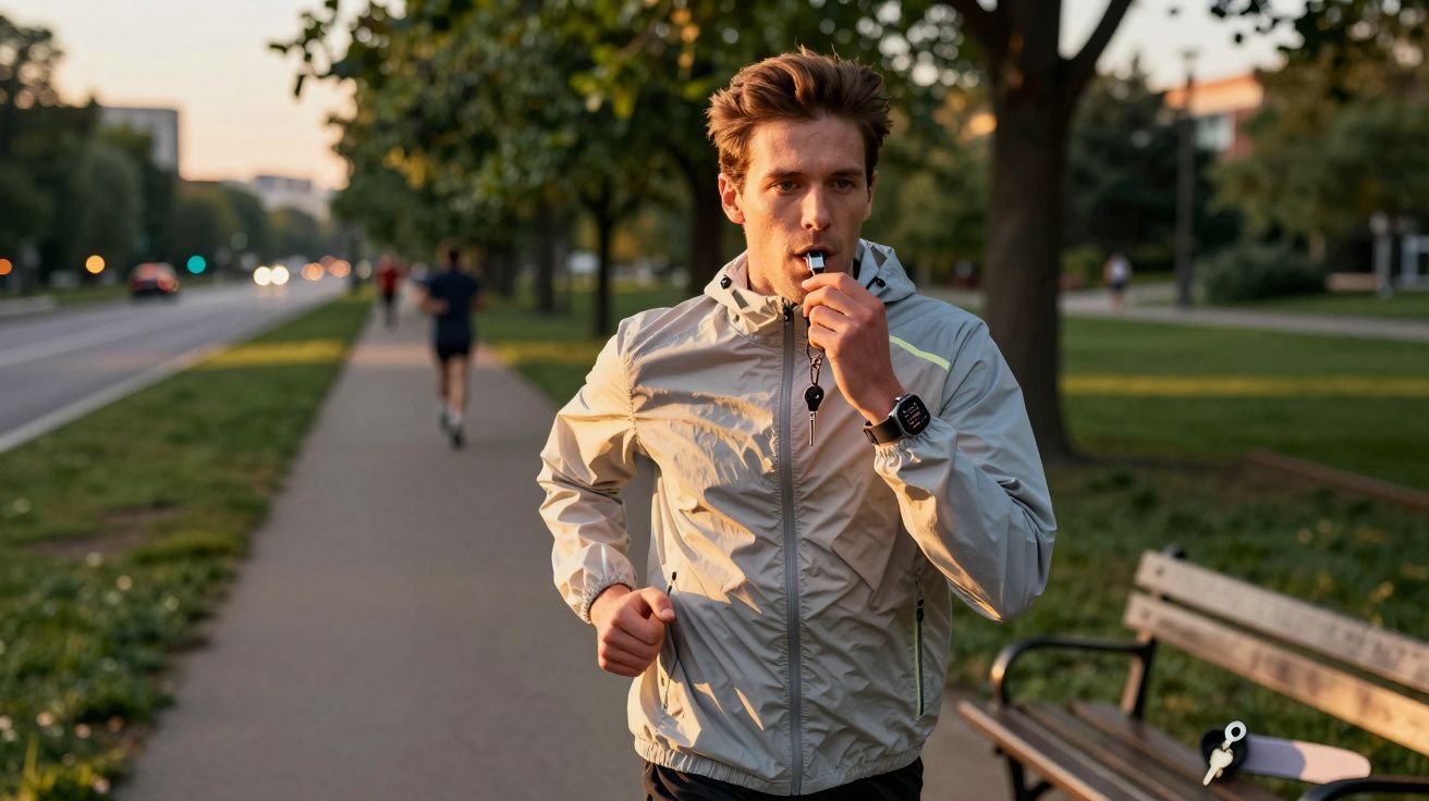 Mężczyzna w kurtce sportowej biegający w parku i dmuchający w gwizdek podczas wczesnego poranka.