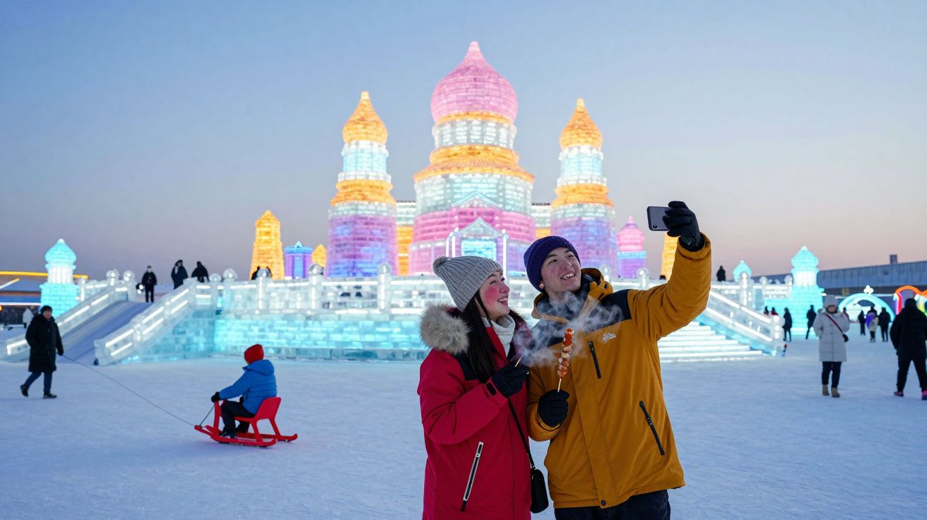 Para robiąca selfie na tle oświetlonego kolorowymi światłami lodowego zamku zimą na zewnątrz.