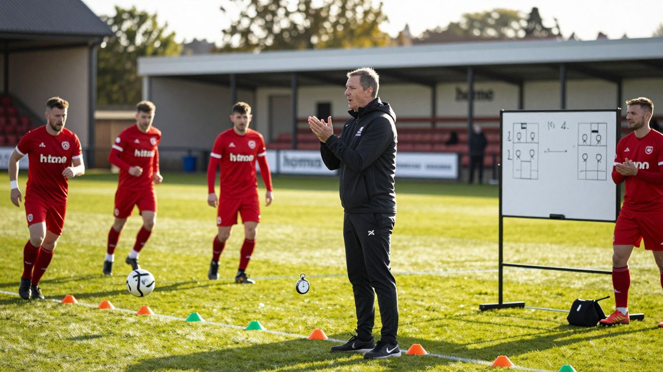 Trener futbolu na boisku daje instrukcje piłkarzom w czerwonych strojach podczas treningu na świeżym powietrzu.