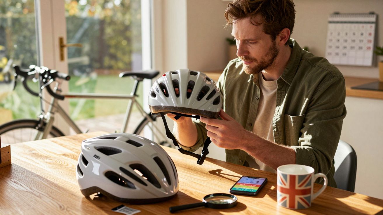 Mężczyzna sprawdza kask rowerowy przy stole, obok leży drugi kask, telefon i kubek z flagą Wielkiej Brytanii.
