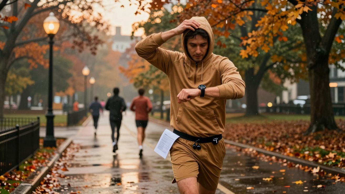 Mężczyzna w brązowej bluzie z kapturem biegnie jesienią po mokrej ścieżce w parku, sprawdzając zegarek.