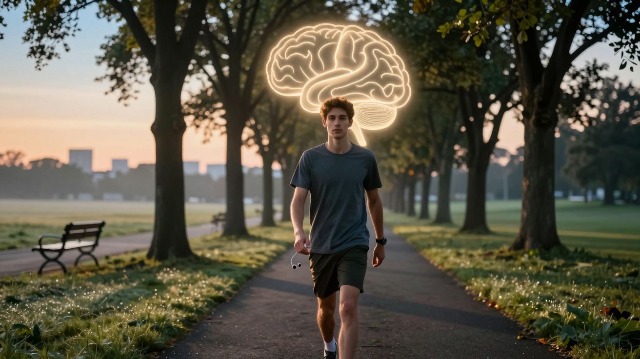 Młody mężczyzna spacerujący po alei w parku, nad jego głową świeci się symbol mózgu.