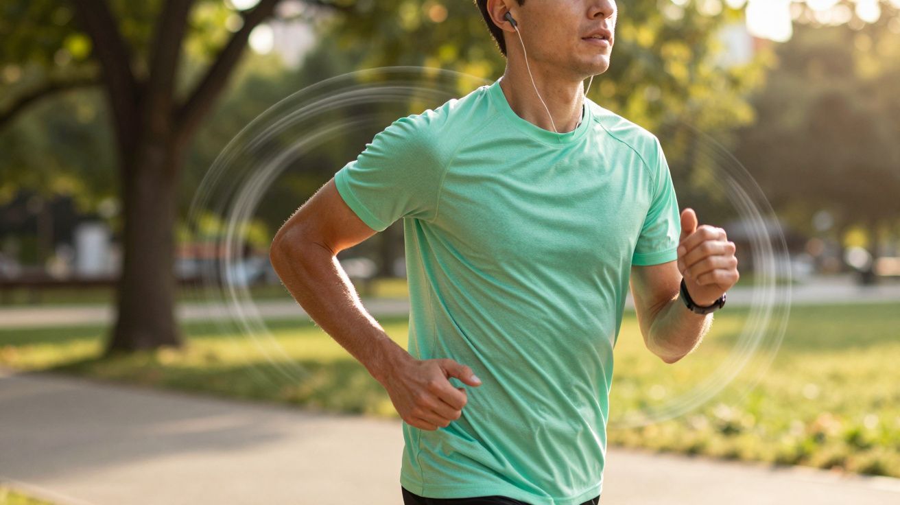 Mężczyzna w zielonej koszulce biegnie w parku podczas słonecznego dnia, słuchając muzyki przez słuchawki.
