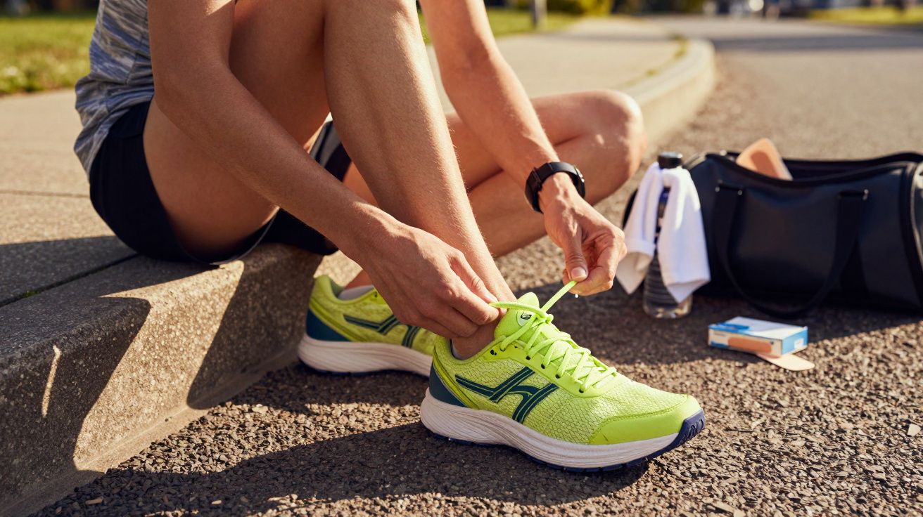 Osoba wiąże jasnozielone buty sportowe siedząc na krawężniku, obok torba i butelka wody.