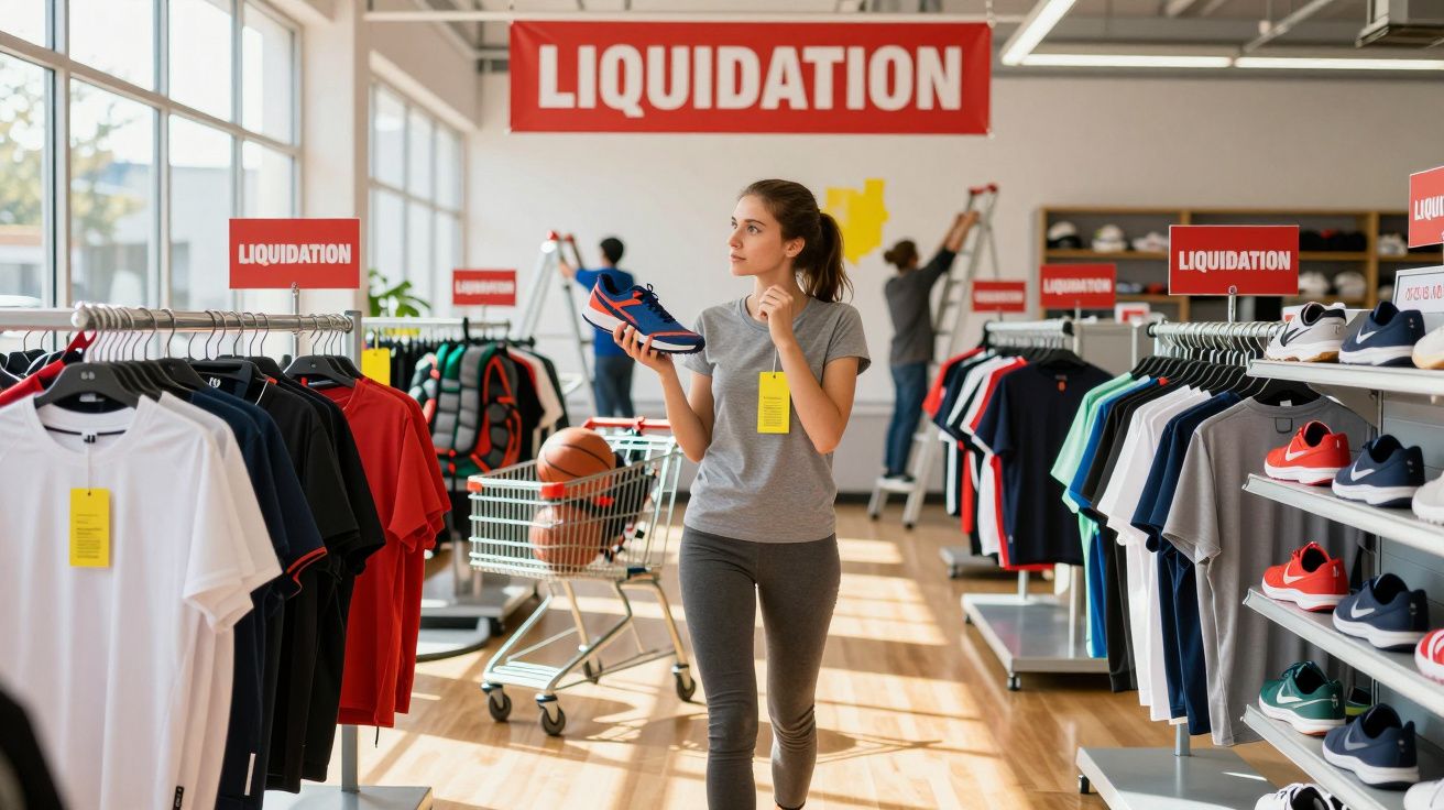 Młoda kobieta przegląda buty sportowe podczas wyprzedaży w sklepie z odzieżą i sprzętem sportowym.