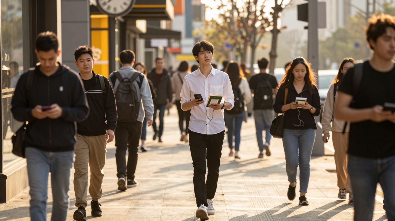 Grupa młodych osób idących chodnikiem w mieście, część korzysta z telefonów komórkowych.