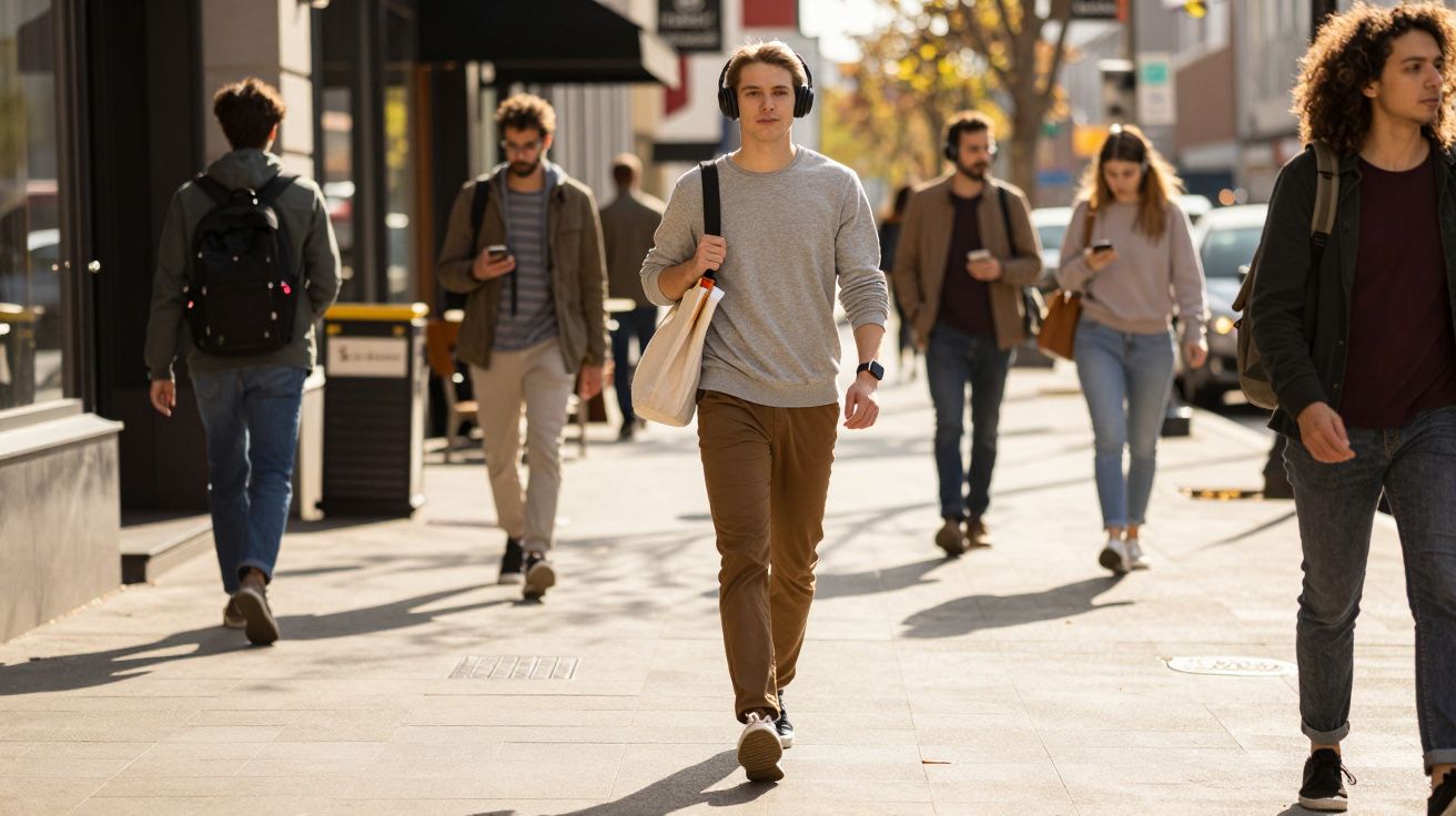 Grupa młodych ludzi idąca ulicą w słoneczny dzień, niektórzy słuchają muzyki w słuchawkach.