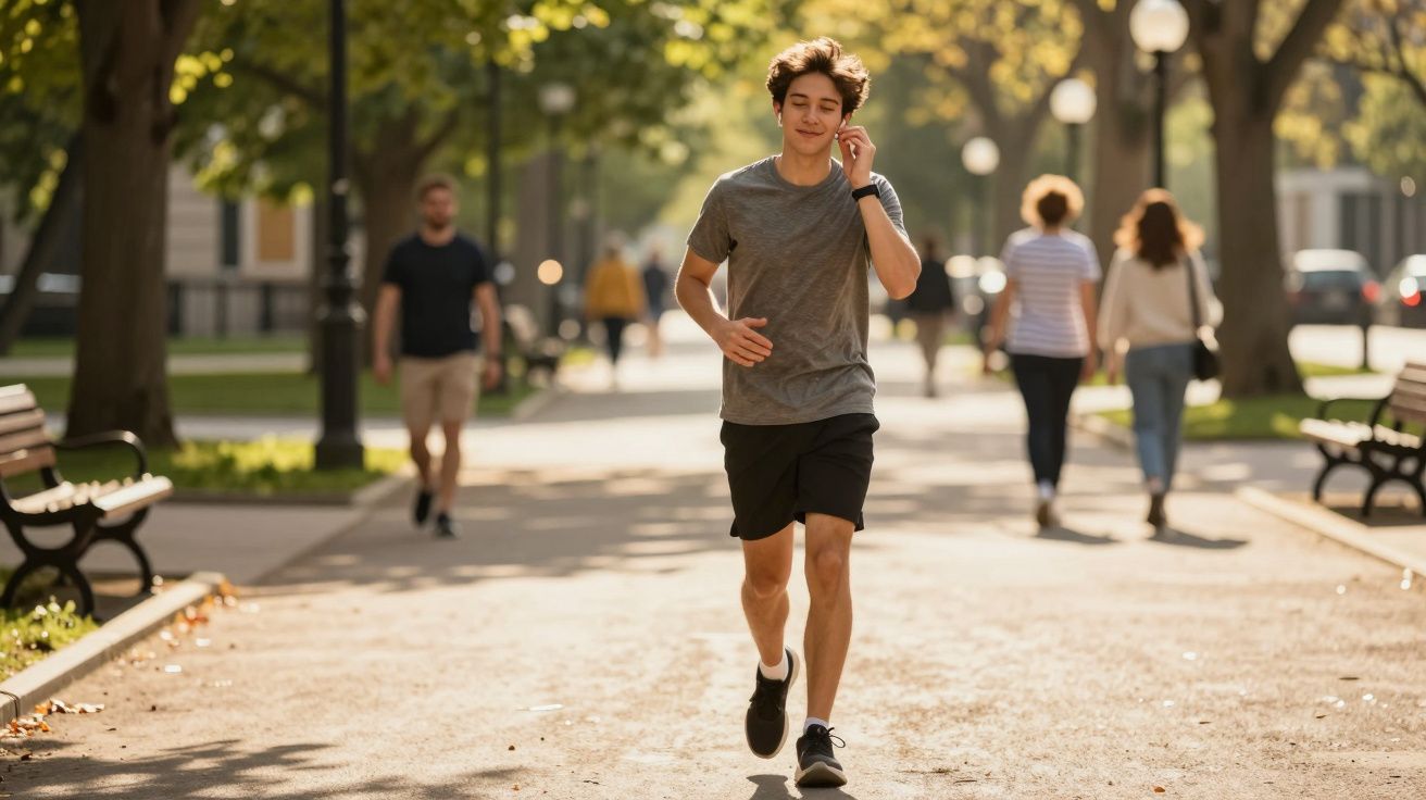 Młody mężczyzna biegający w parku, ubrany w szarą koszulkę i czarne spodenki, słuchający muzyki.