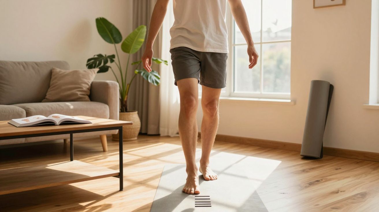 Osoba ćwicząca jogę boso na macie w jasnym salonie z rośliną i otwartą książką na stoliku.