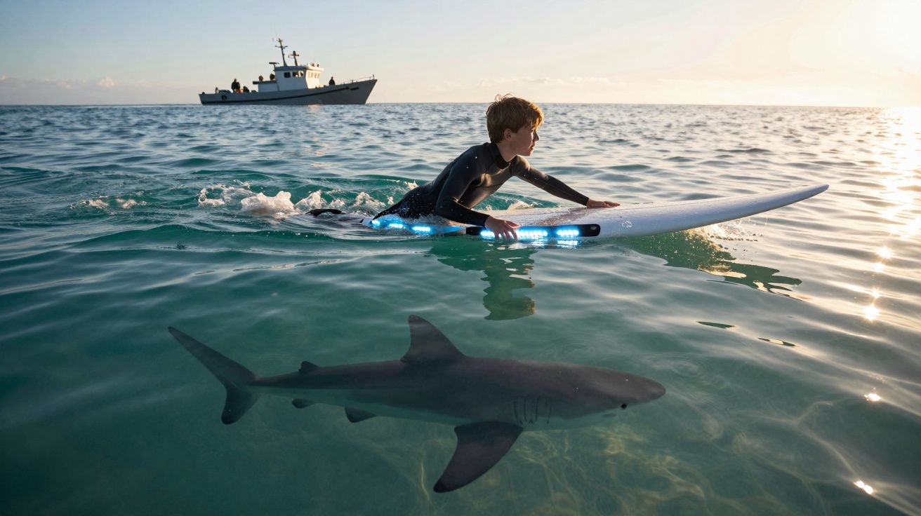 Chłopiec na desce surfingowej na wodzie, pod nim pływa rekin, w tle statek na morzu przy zachodzie słońca.