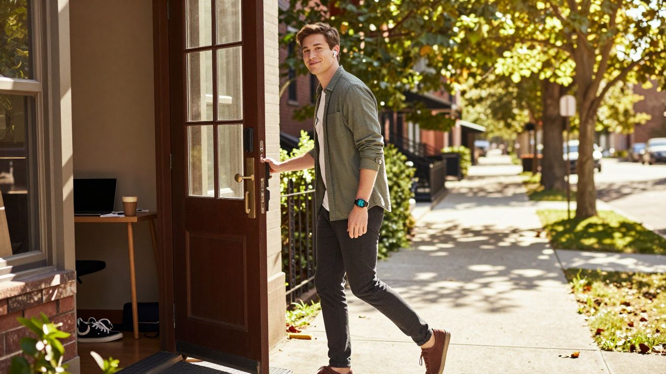 Młody mężczyzna uśmiecha się, otwierając drewniane drzwi do domu od strony nasłonecznionego chodnika.
