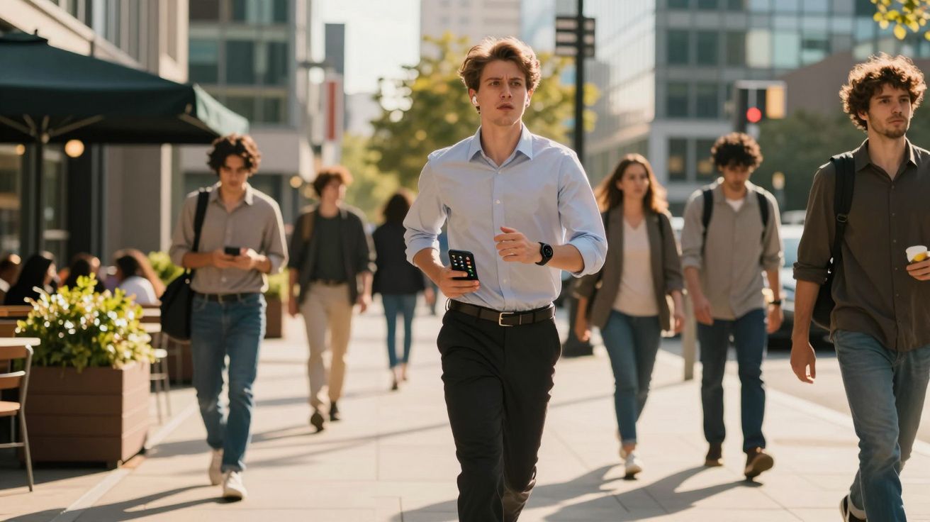 Młodzi ludzie idący i biegnący po ulicy w miejskim otoczeniu z nowoczesnymi budynkami w tle.