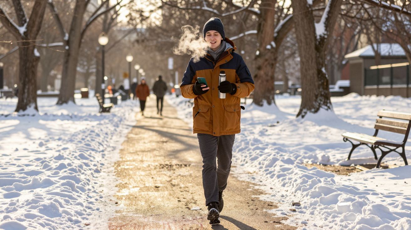 Młody mężczyzna w zimowej kurtce idzie ścieżką w parku, trzymając termos i telefon, para z ust.