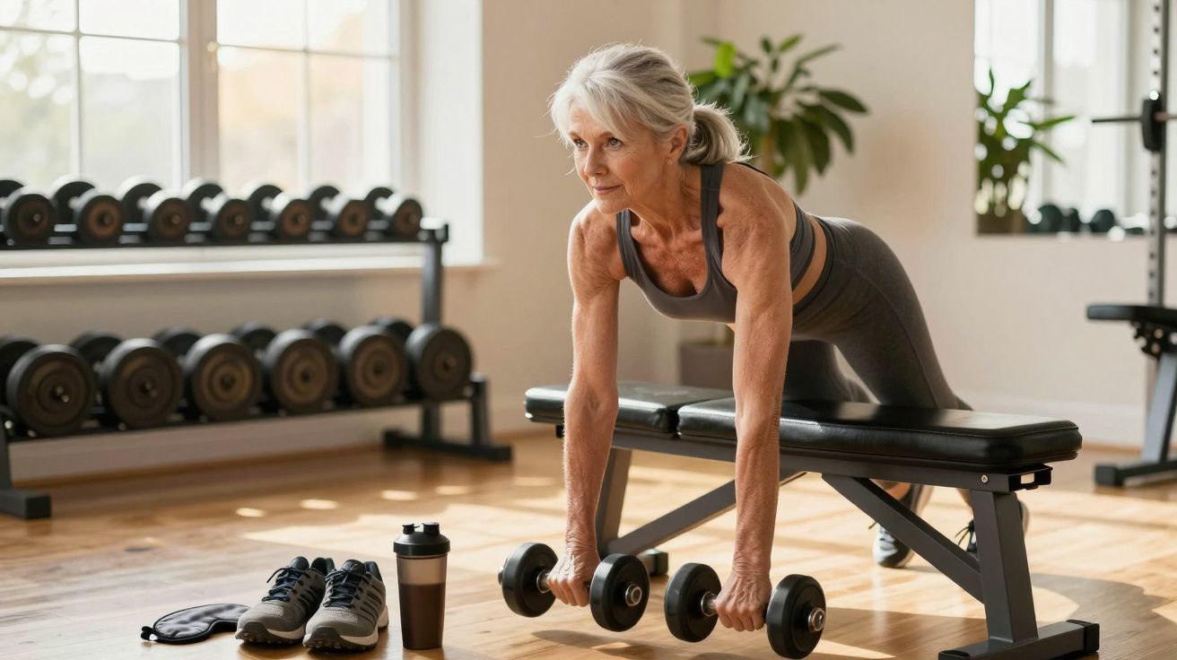 Starsza kobieta ćwiczy z hantlami w siłowni, opierając się o ławkę treningową.