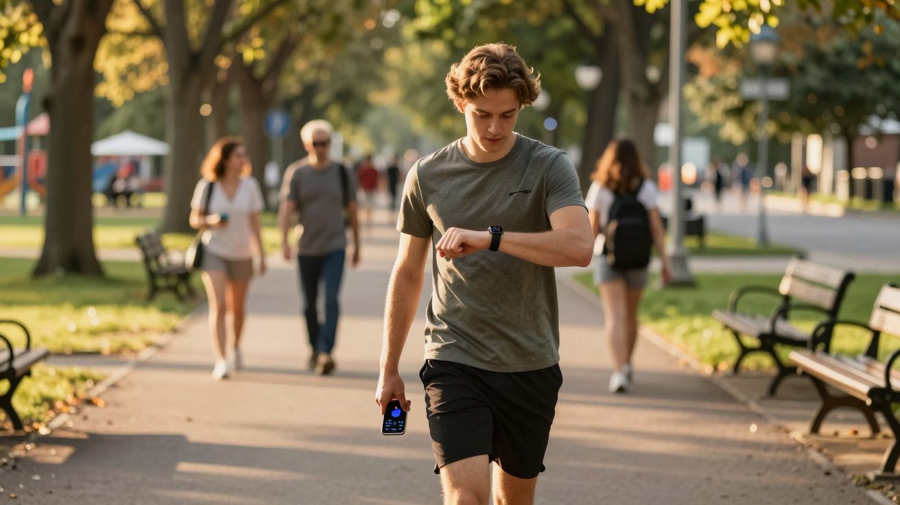 Młody mężczyzna z krótkimi włosami w sportowym ubraniu patrzy na smartwatcha podczas spaceru w parku.