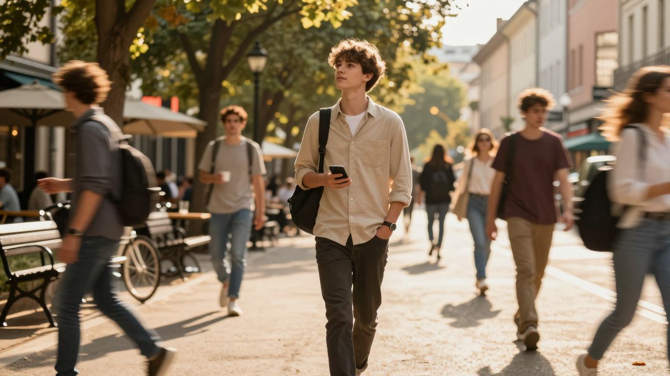 Młody mężczyzna z telefonem i plecakiem spaceruje po słonecznej, pełnej ludzi ulicy miasta.