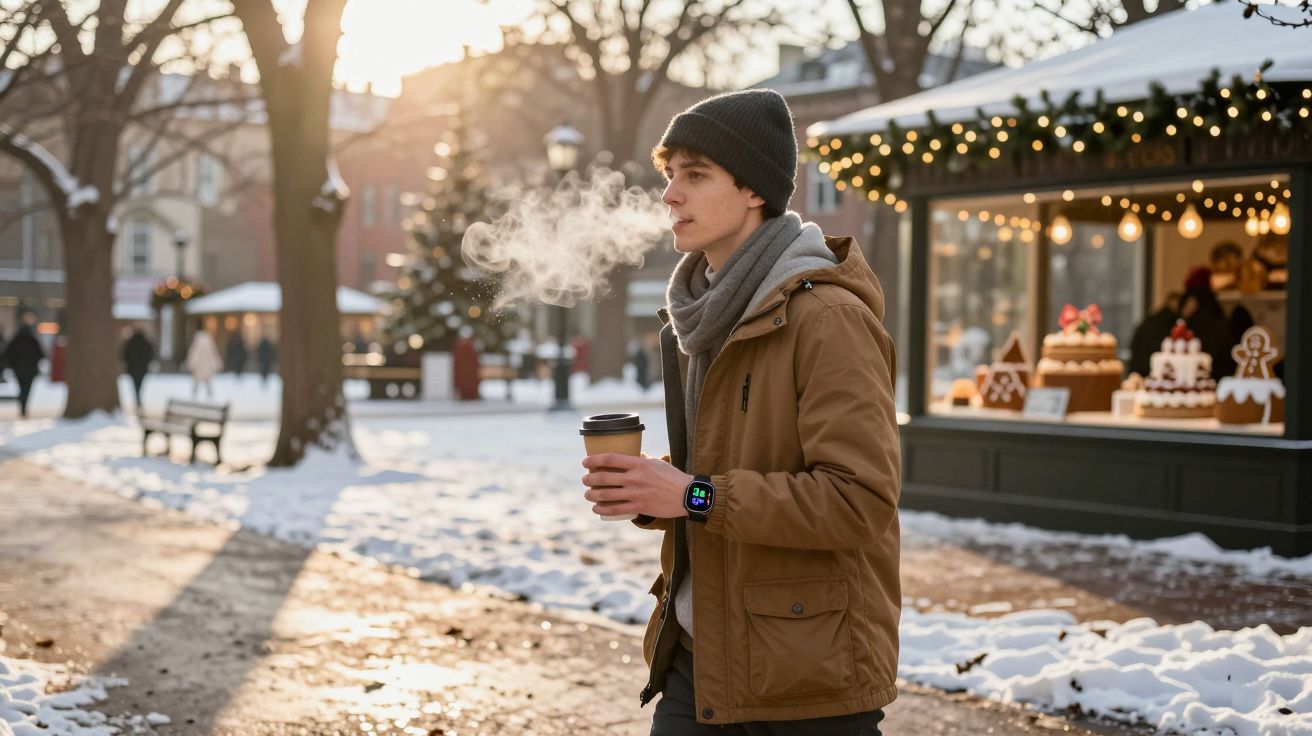 Młody mężczyzna w zimowej kurtce i czapce trzyma kawę na wynos na śnieżnym deptaku przy świątecznym straganie.
