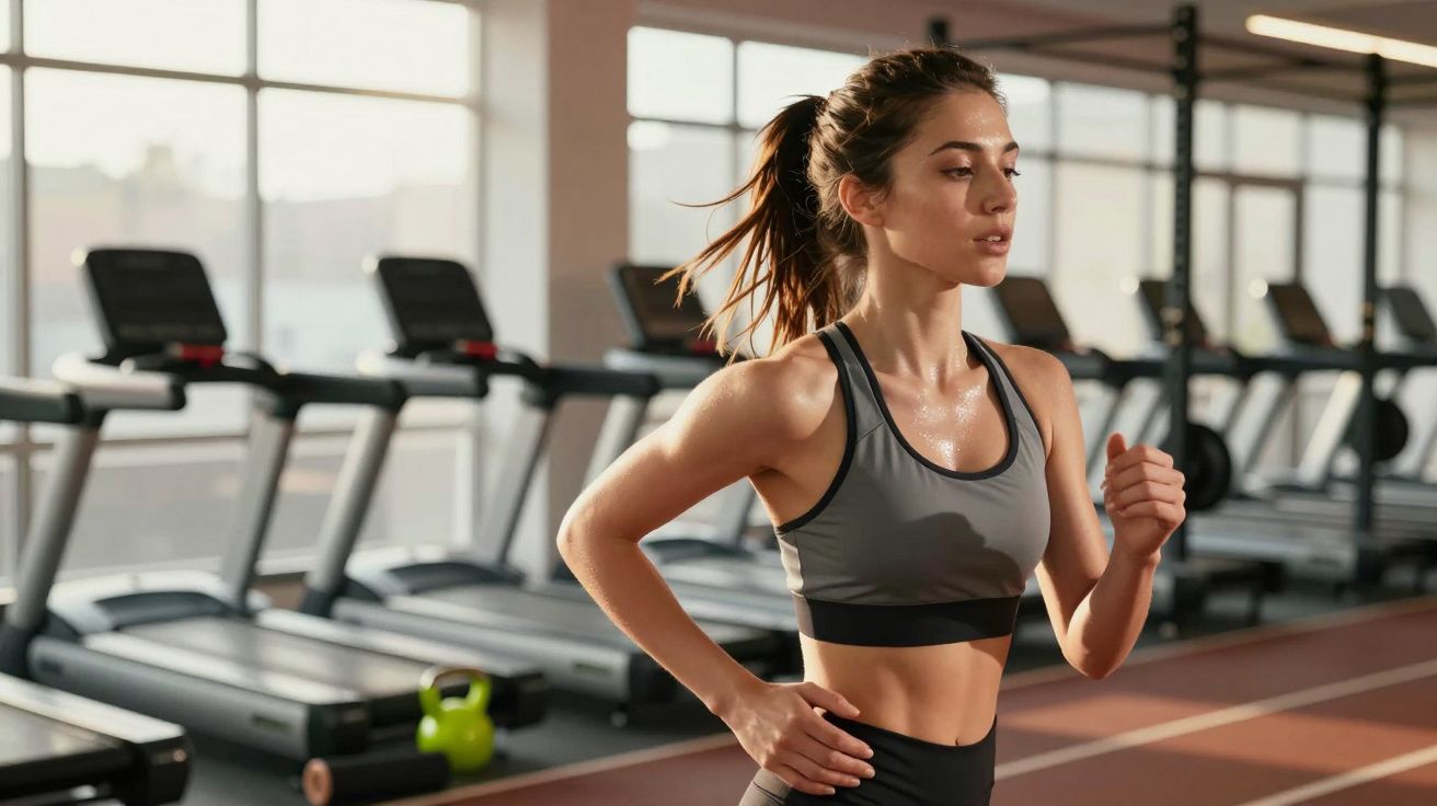 Kobieta biegnąca na sali treningowej z bieżniami w tle, ubrana w sportowy strój.