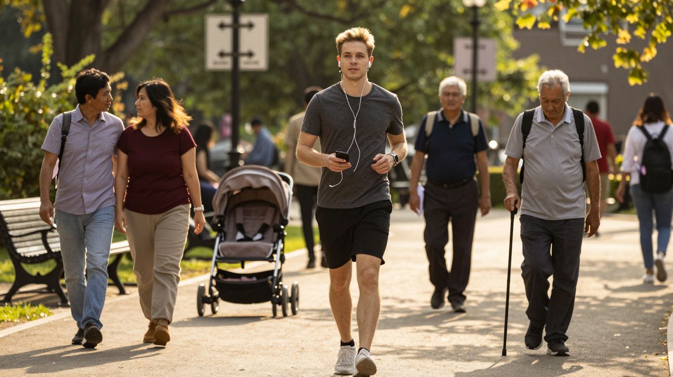 Ludzie spacerują i biegają po parku w słoneczny dzień, w tle wózek dziecięcy i ławka.