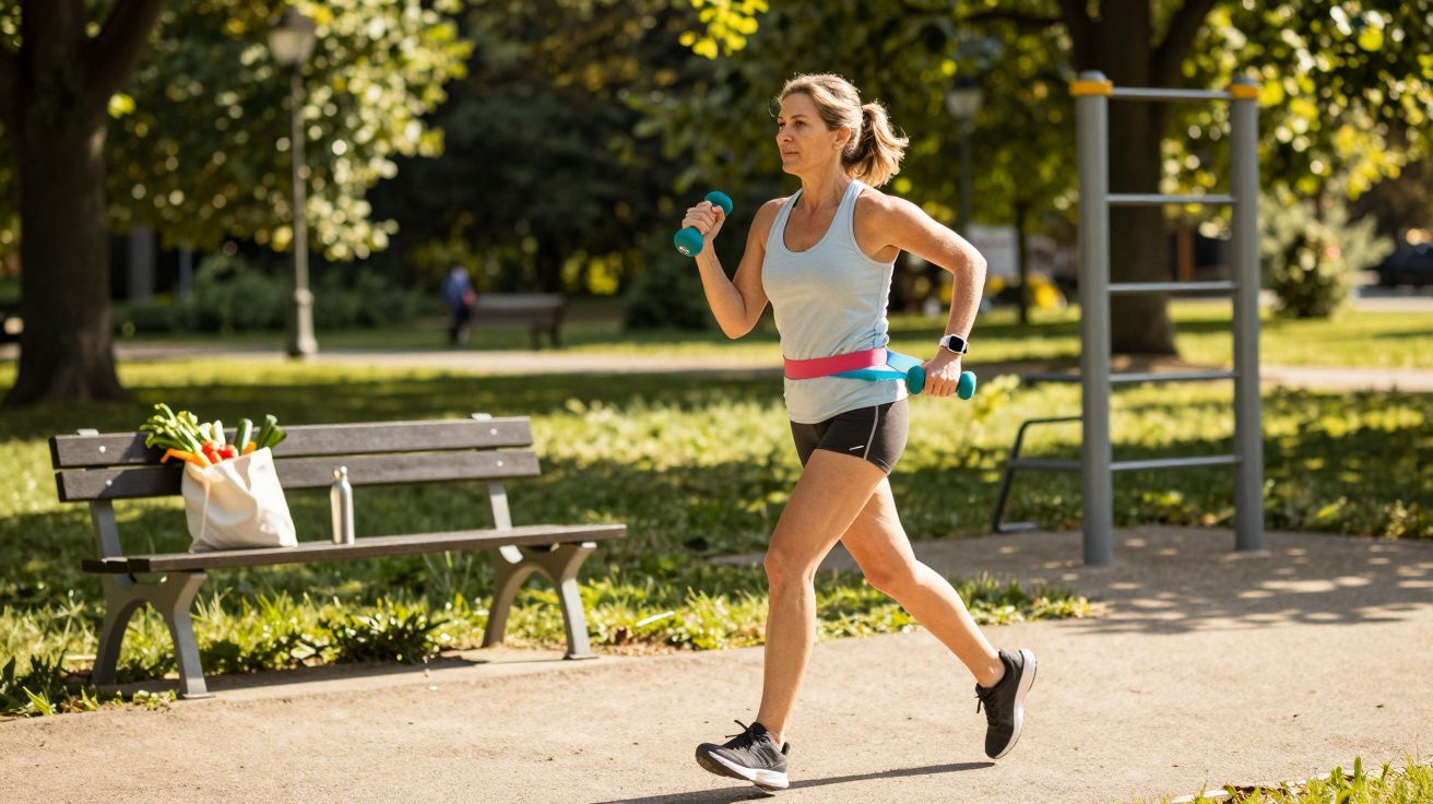 Kobieta biegnąca w parku, trzymająca hantle, obok ławka z torbą pełną warzyw.