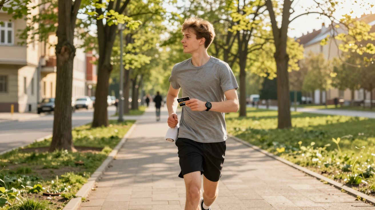 Młody mężczyzna w szarej koszulce biega po chodniku w miejskim parku w słoneczny dzień.