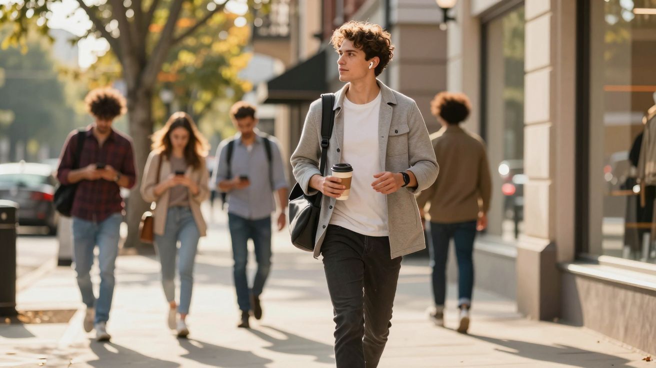 Młody mężczyzna z kawą idzie chodnikiem, za nim grupa osób korzysta z telefonów komórkowych.