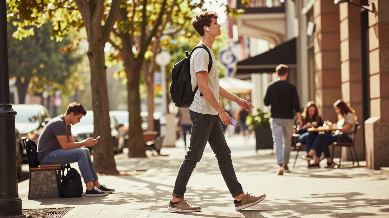Młody mężczyzna z plecakiem przechodzi chodnikiem w słoneczny dzień, inni spacerują i siedzą przy stolikach.