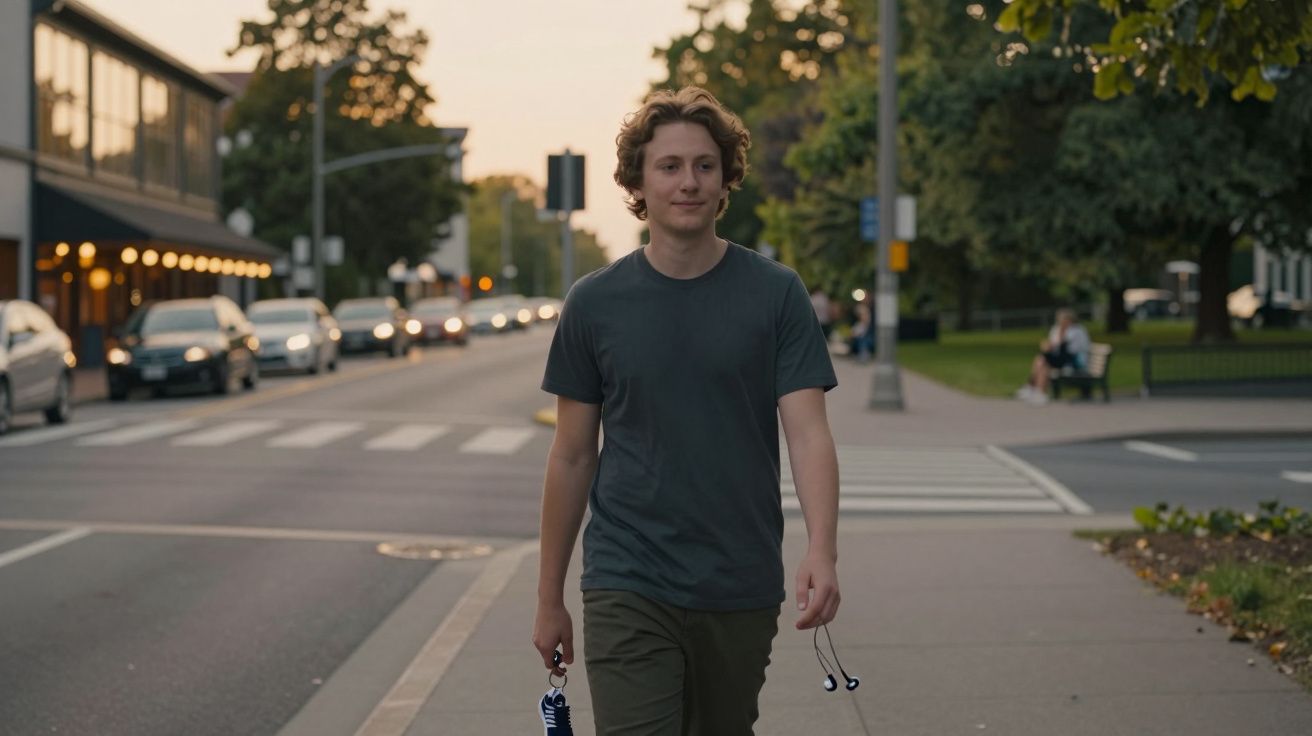 Młody mężczyzna w ciemnej koszulce idzie chodnikiem w mieście, trzymając słuchawki i maseczkę na ręku.