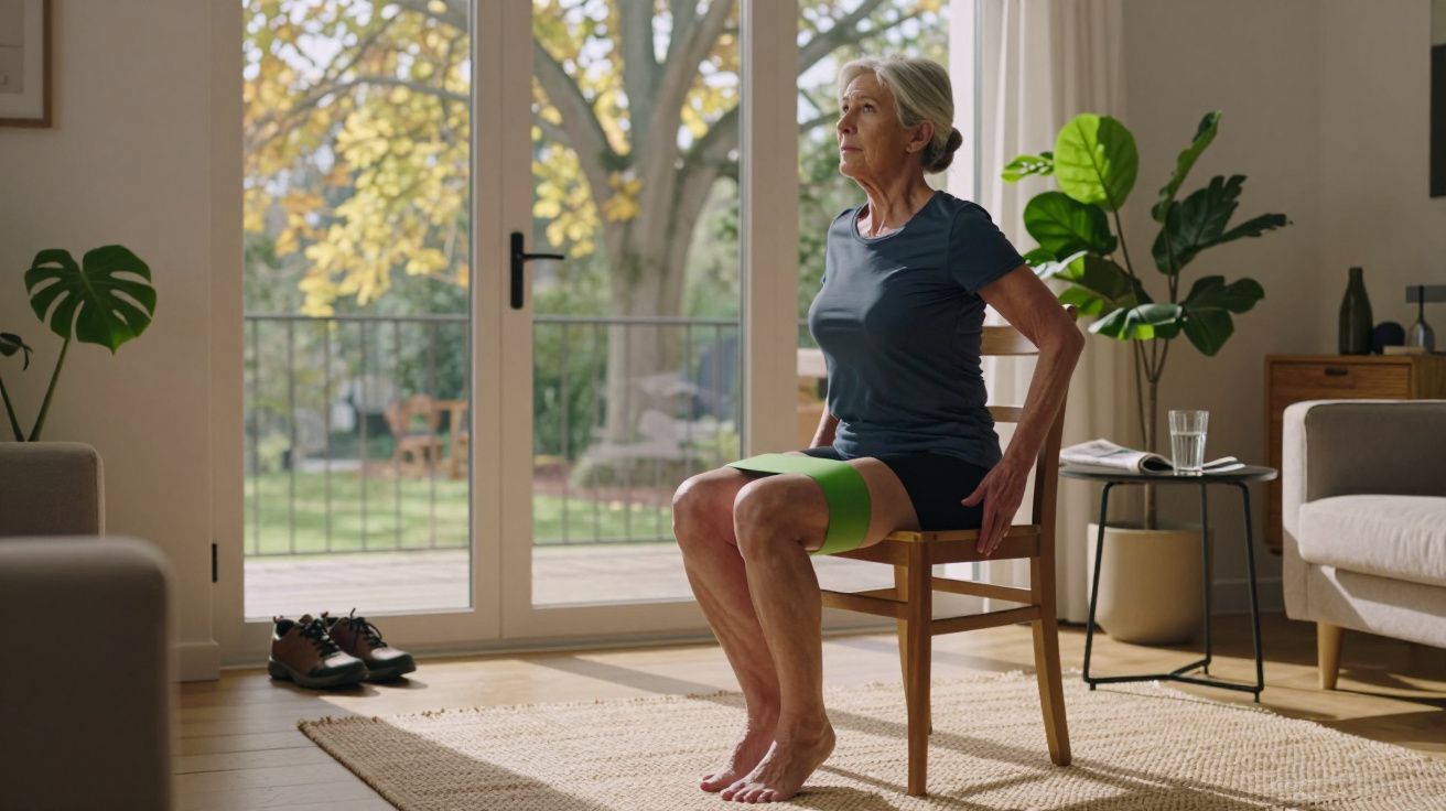 Starsza kobieta ćwiczy na krześle z taśmą oporową w salonie z widokiem na ogród.