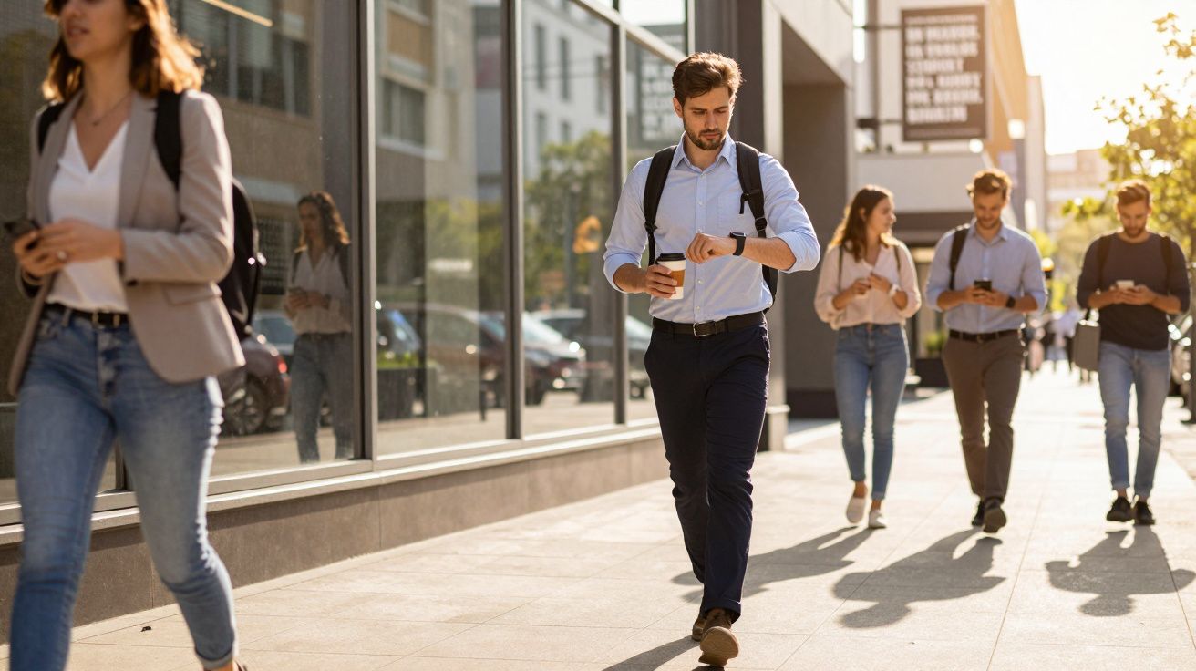 Grupa młodych ludzi spaceruje chodnikiem przy szklanym budynku, jeden patrzy na zegarek.
